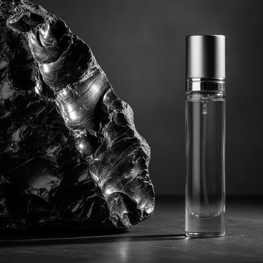 Raw obsidian stone beside minimalist glass vial of fragrance